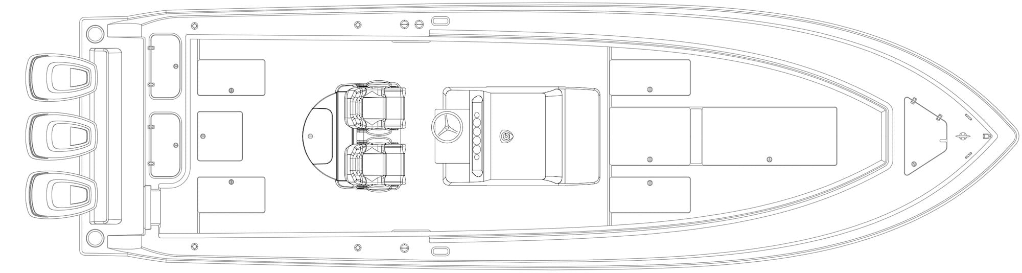 Top-down line drawing of a boat layout showing three outboard motors, dual helm seats, central console, and various storage compartments.
