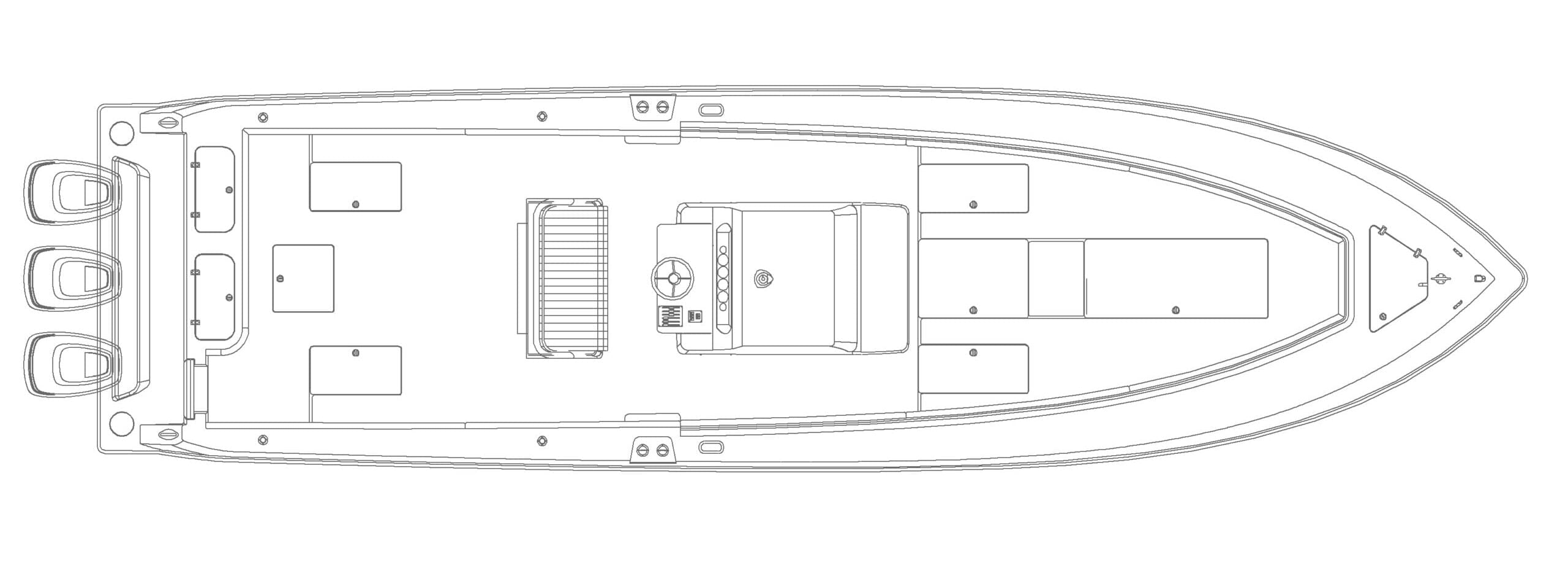 Diagram showing the top view layout of a boat with three outboard motors at the stern, seating and control console in the middle, and additional seating and storage towards the bow.