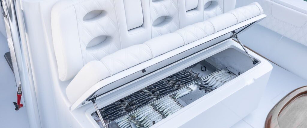 An open compartment on a boat reveals rows of stored fishing lures and lines, with adjacent cushioned seating.