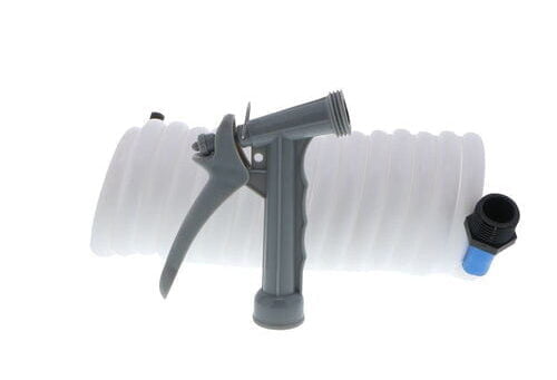 A grey hose nozzle with an adjustable trigger handle is attached to a coiled white hose adaptor.