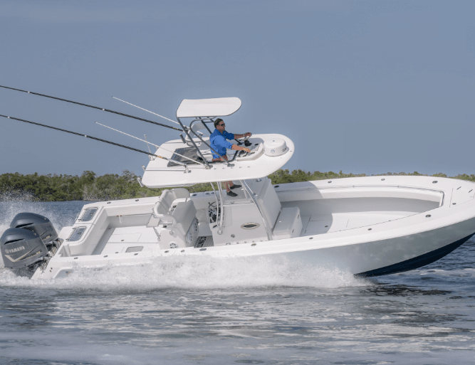 A person is steering a white motorboat at high speed on the water, with two fishing rods secured at the back. The boat is close to a shoreline visible in the background.
