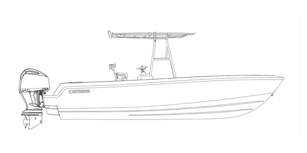 Line drawing of a center console boat with an outboard motor and a T-top canopy.