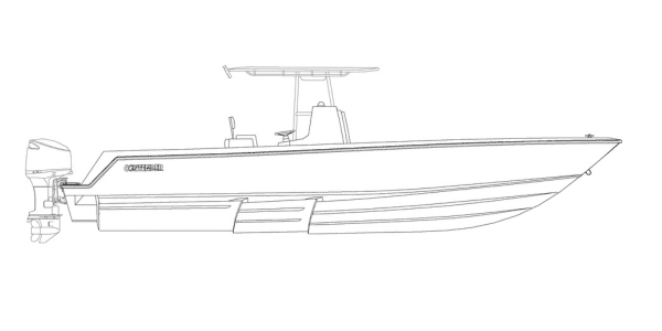 Outline drawing of a center console fishing boat with an outboard motor and shaded T-top.