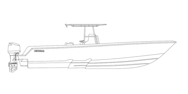 A black and white line drawing of a center console boat with an outboard motor and T-top canopy.