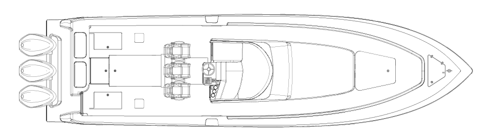 Top-down line drawing of a motorboat with three outboard engines at the rear and seating arrangements in the central and front portions of the boat.
