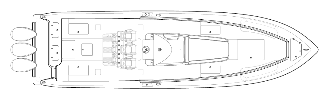 A top-down line drawing of a motorboat with three outboard motors at the stern, a central console with seating, and an open deck area.