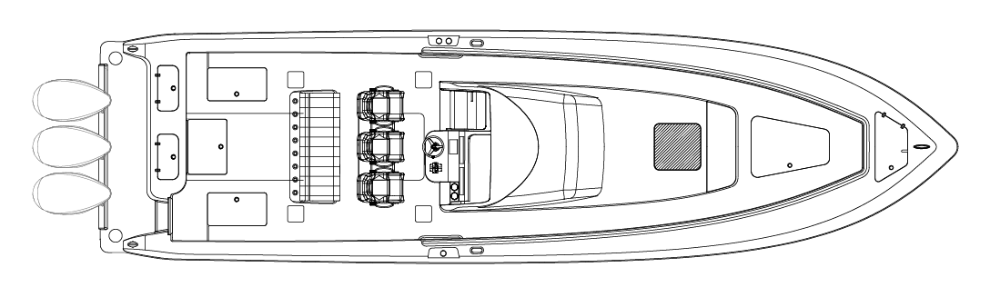A top-down line drawing of a motorboat showing the layout including seats, controls, and three outboard motors at the rear.