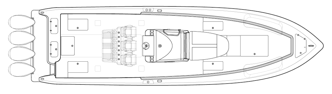 Top view diagram of a boat showing the layout with the bow at the top and the stern at the bottom. The boat has a center console, seating areas, and three outboard motors at the stern.