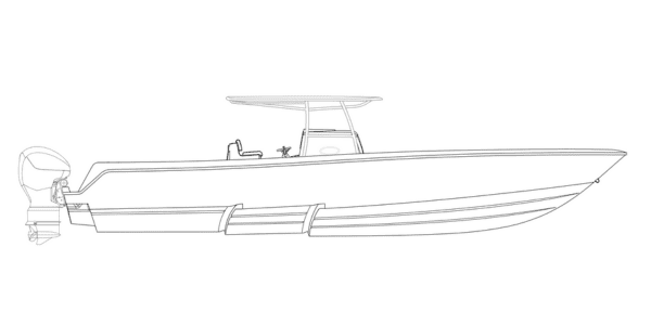 Line drawing of a center console boat, side view, showing the outline of the hull, center console with a T-top, and an outboard motor at the stern.