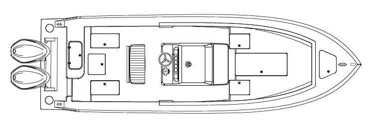 Top view diagram of a motorboat with two outboard engines, a central control console, and various seating and storage areas.