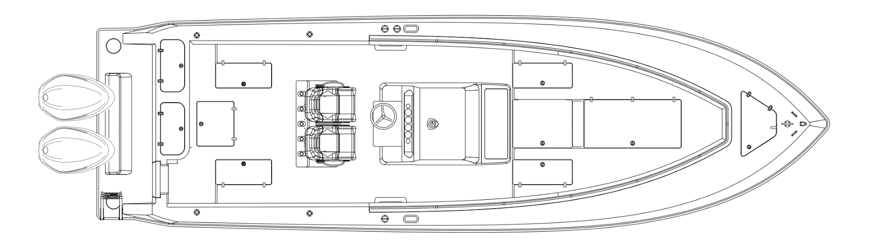 A black and white line drawing depicting an overhead view of a boat layout with twin outboard motors, seating, a center console with dual seats, and additional seating at the bow and stern.